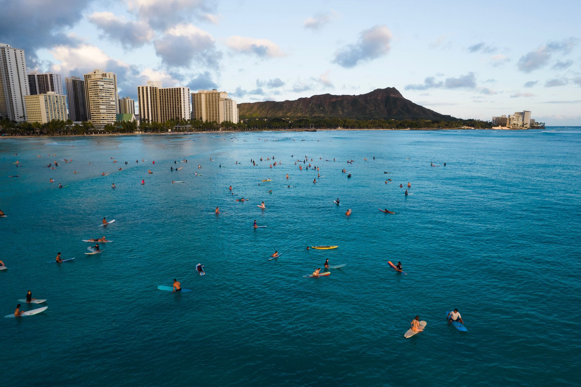 Aerial view of longboarders out at Waikiki