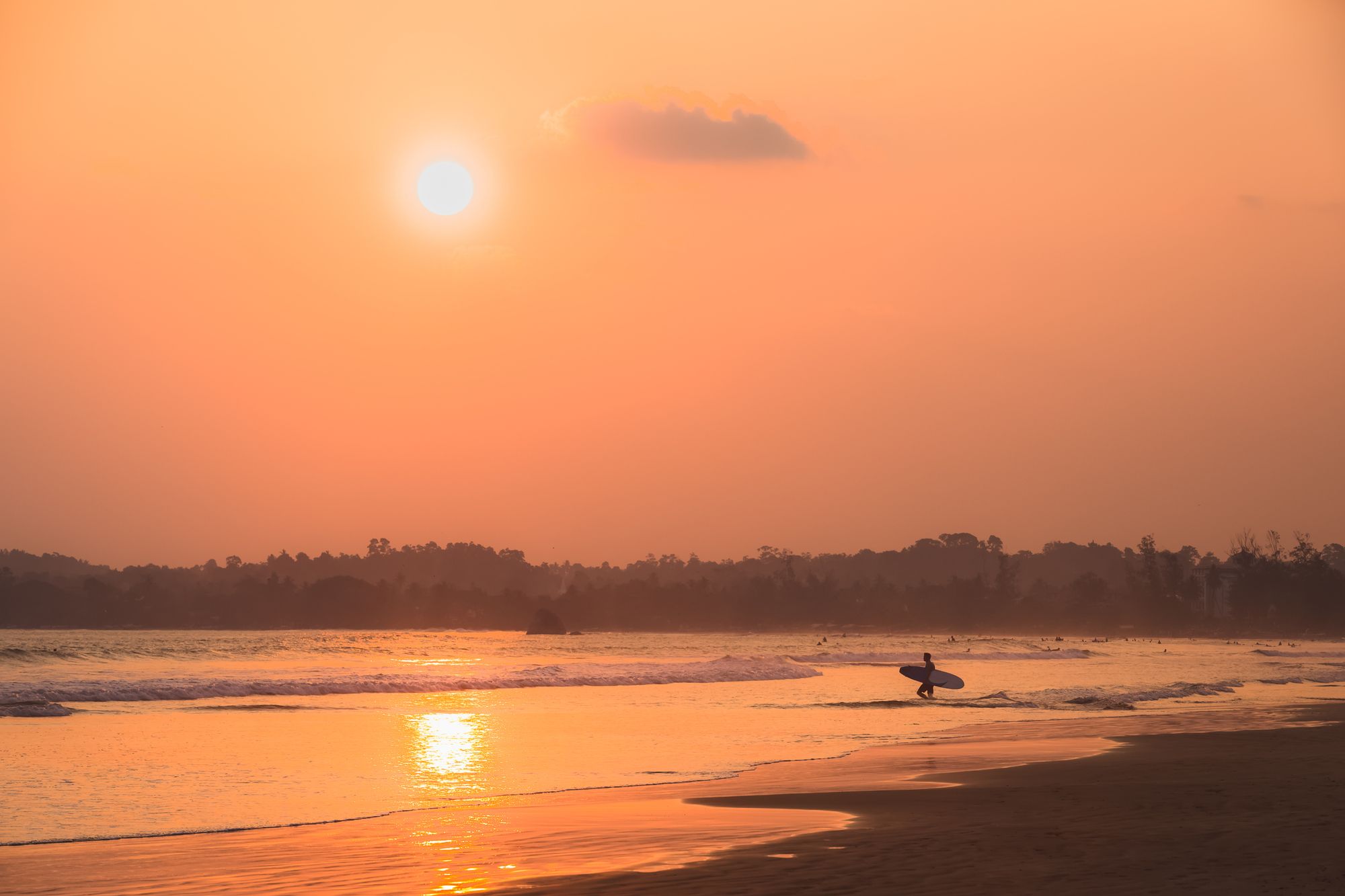 Surfer paddling out at Weligama, Sri Lanka at sunset